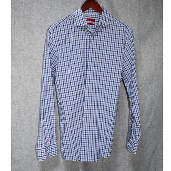 Hugo Boss Sharp Fit Purple Blue Check Button-Up Shirt Size 16.5 32/33 - Picture 1 of 3